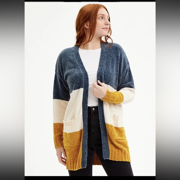 Evelyn Taylor Sweaters - Evelyn Taylor Large Chenille Blue Yellow White Color Block Open Cardigan Pocket